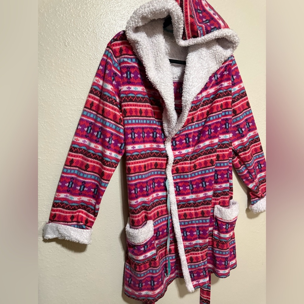 Cozy Holiday Hooded Fleece Robe Sherpa Lined Plush Lounge Wrap | Pink Belted 2X - Picture 4 of 5